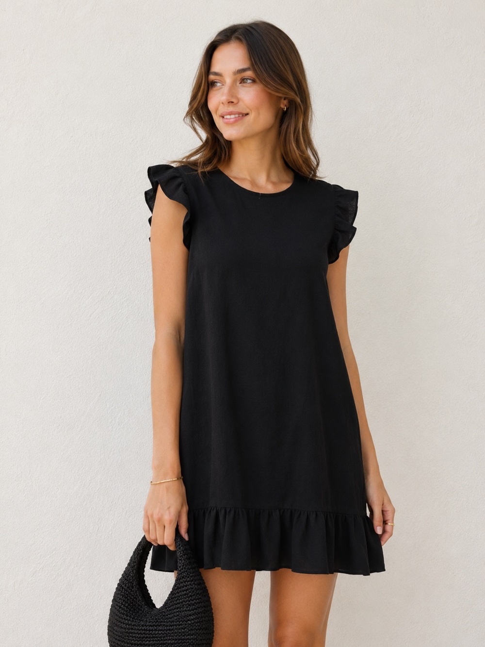 Black Ruffle Sleeve Shift Dress